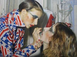 Franz Gertsch, Marina maquiando Luciano, 1975, acrílico sobre algodão sem primer, 234 x 346 cm, Museum Ludwig, Köln