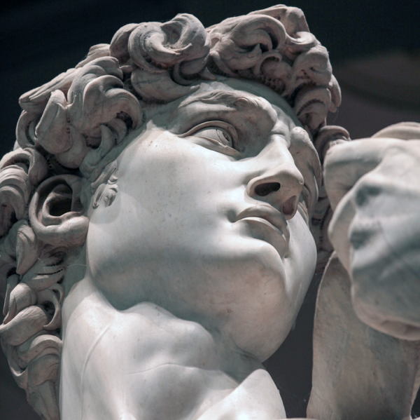Close da cabeça da escultura David, de Michelângelo